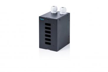 Fiber optic DIN rail distributor, 6 port, SC DX/LC Quad, black 