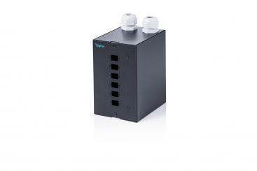 Fiber optic DIN rail distributor, 6 port, SC SX/LC DX, black 