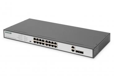 16-Port Fast Ethernet PoE Networkswitch, 19 Zoll, unmanaged,2 Uplink Ports, SFP, 250 W, af/at 