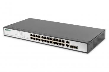 24-port Fast Ethernet PoE network switch, 19-inch, unmanaged, 2 GE uplink ports, SFP, 370 W, af/at 