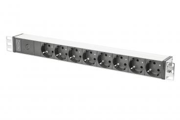 aluminum outlet strip with pre-fuse, 8 safety outlets, 2 m supply IEC C14 plug 